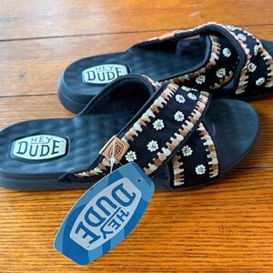 Hey Dude Black and Brown Floral Slides